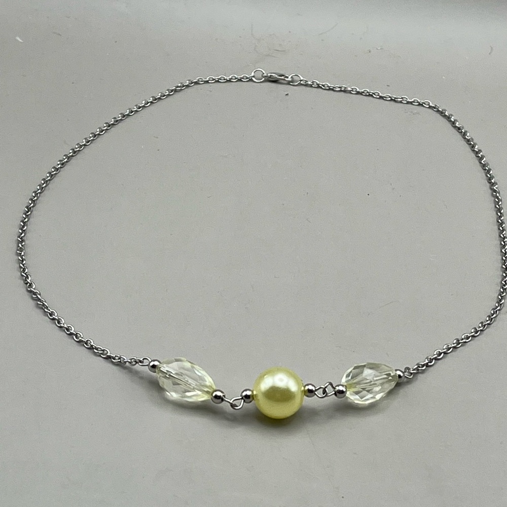 Dainty Silver Tone Chain Necklace with Pale Yellow Pearl & Crystal Beads - Picture 2 of 4